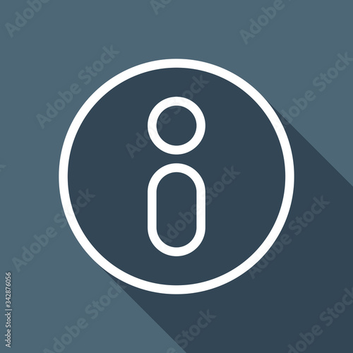 Information symbol in circle, inform desk, i letter, outline design. White flat icon with long shadow on blue background