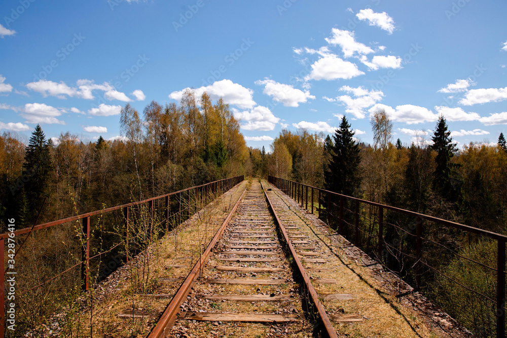 Old railway on a bridge in the forest