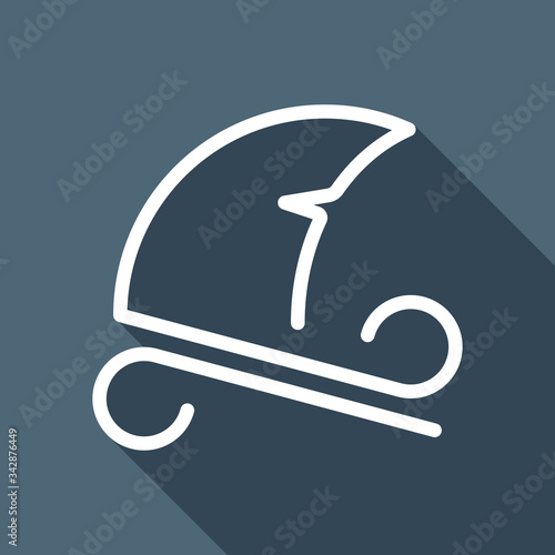 Shark fin with wave, outline logo. White flat icon with long shadow on blue background