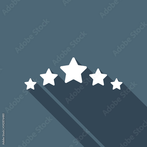 5 stars rating, top service. White flat icon with long shadow on blue background © fokas.pokas
