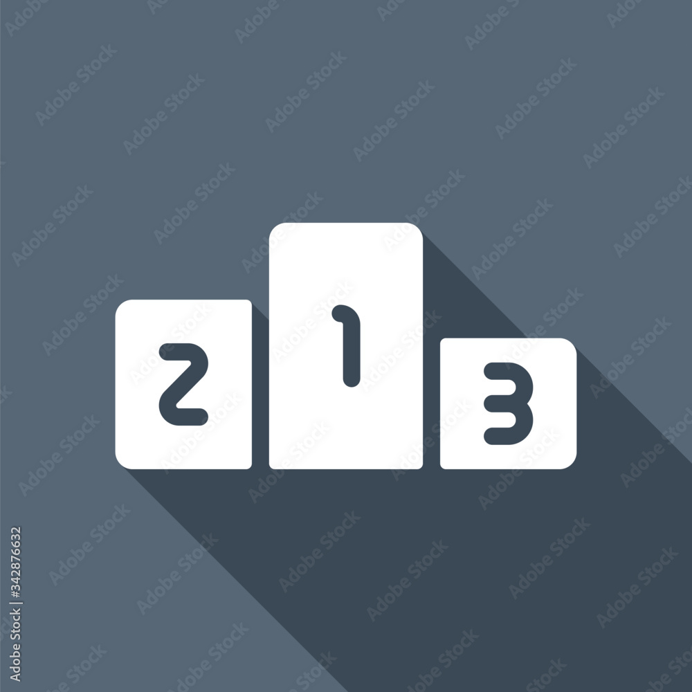 Winners podium, three levels, sport logo. White flat icon with long shadow on blue background Winners podium, three levels, sport logo. White flat icon with long shadow on blue background