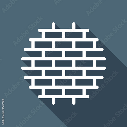 Brick wall, protection logo, outline design. White flat icon with long shadow on blue background