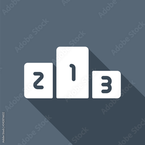Winners podium, three levels, sport logo. White flat icon with long shadow on blue background
