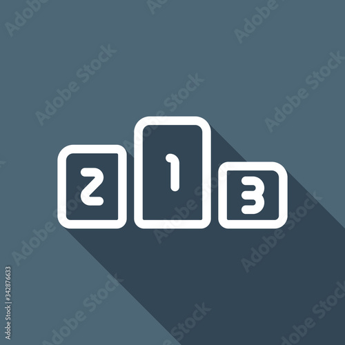 Winners podium, three levels, sport logo, outline design. White flat icon with long shadow on blue background