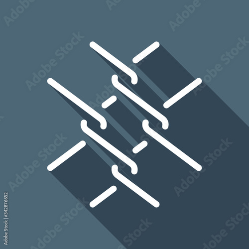 Metal fence grid, wire mesh, outline design. White flat icon with long shadow on blue background