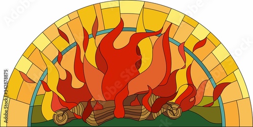 the stained glass window with fire