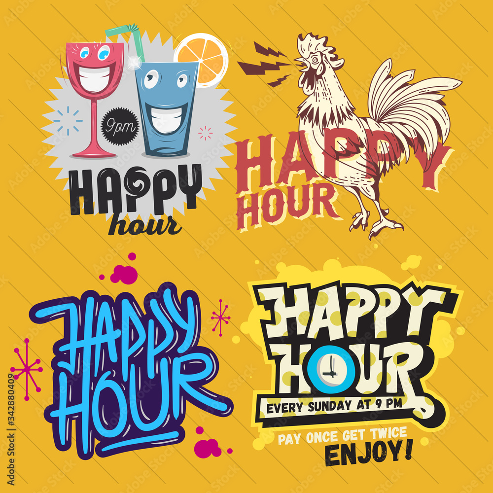 Happy Hour Call Sign Logo Related Vector Illustrations Designs.