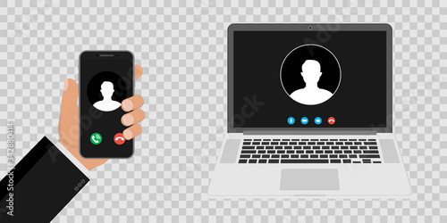 Incoming call to the screen of a laptop and smartphone, a person’s profile picture and buttons for accepting rejection. Vector illustration