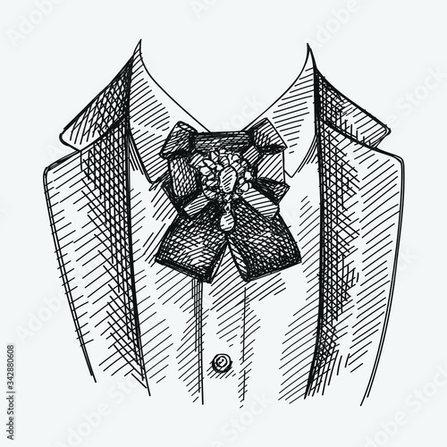 Hand-drawn sketch of collar and pre tied bow black tie and brooch pin on a white background. Bow tie with brooch pin