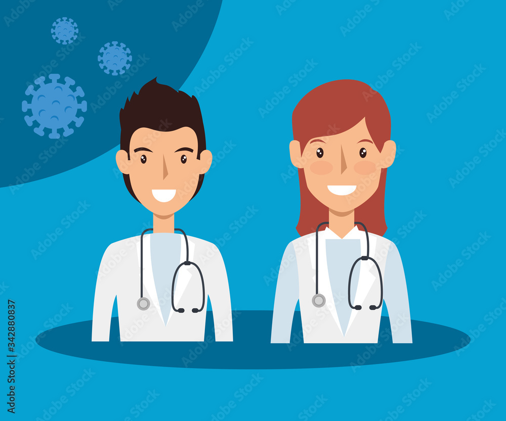 couple doctors with particles of covid 19 vector illustration design couple doctors with particles of covid 19 vector illustration design