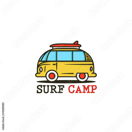 Surf bus with surfing boards. Retro van.