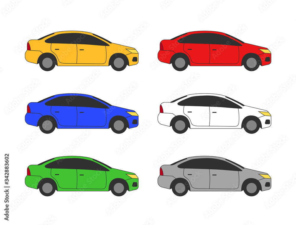 Icons of colorful cars. Flat vector icons on white background. Illustration of transport