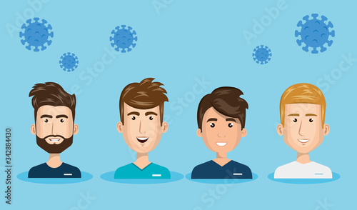 group paramedics with particles covid 19 vector illustration design