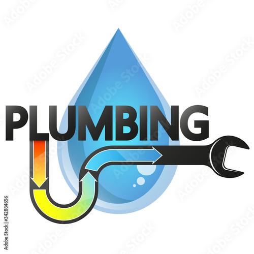 Drop of blue water and wrench plumbing repair symbol