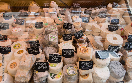 Paris, France - Macr 2013: large slection of goats' cheeses on sale in Paris