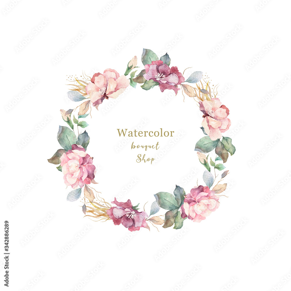Watercolor illustration of a beautiful floral wreath with spring flowers. Hand drawn elegant light pink flowers on white background