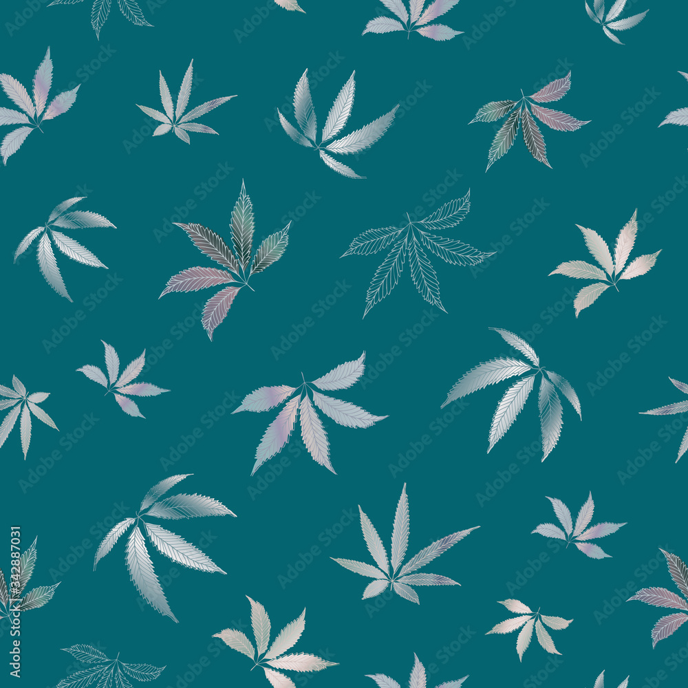 Cannabis leaves seamless vector pattern background. Hand drawn purple teal hemp foliage backdrop. Monochrome botanical marijuana design. All over print for wellness, health concept,packaging, print