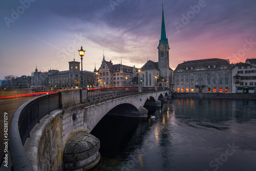 View of Zurich old town at sunset