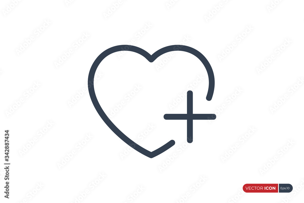 Heart Icon Linear Style, Love Symbol with Plus Cross Sign isolated on White Background. Usable for Healthcare and Medical Graphic Resources. Flat Vector Illustration. Heart Icon Linear Style, Love Symbol with Plus Cross Sign isolated on White Background. Usable for Healthcare and Medical Graphic Resources. Flat Vector Illustration.