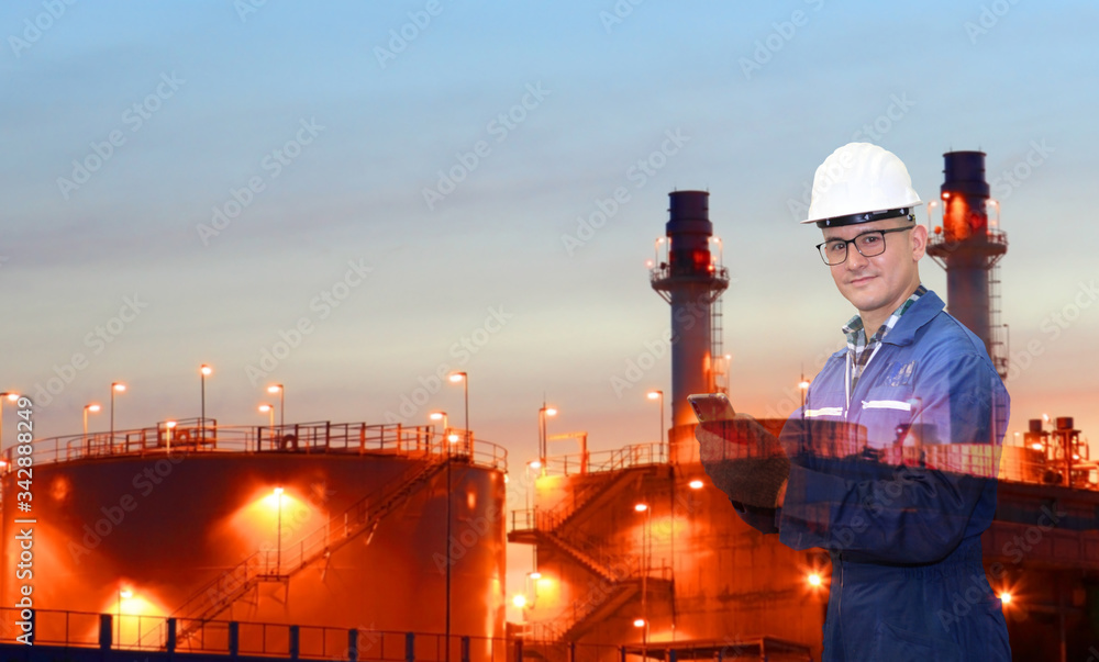 Double exposure of engineering with Chemical Industry, Storage Tank , Industrial Plant, Refinery oil plant Double exposure of engineering with Chemical Industry, Storage Tank , Industrial Plant, Refinery oil plant