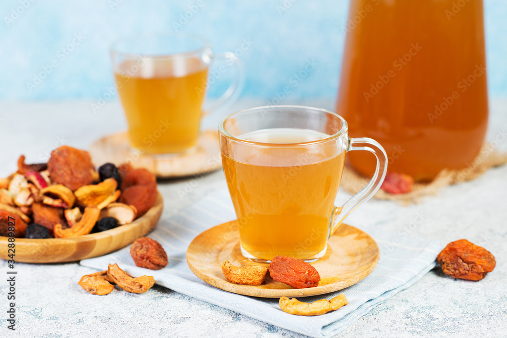 Homemade vitamin compote from dried fruits on concerete background Homemade vitamin compote from dried fruits on concerete background