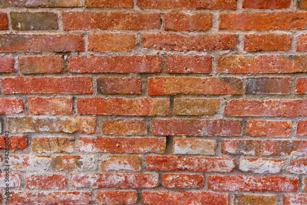 Red brick pattern. Old brick wall with cracks and scratches. Horizontal background of wide brick wall. Disturbed wall with broken brick texture. Vintage house facade. Red brick pattern. Old brick wall with cracks and scratches. Horizontal background of wide brick wall. Disturbed wall with broken brick texture. Vintage house facade.