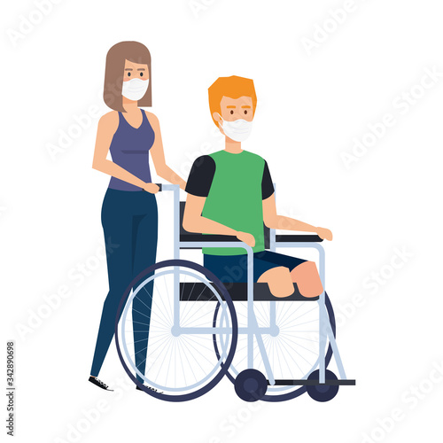woman with man in wheelchair using face mask vector illustration design