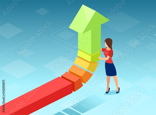 Vector of a business woman pushing up financial graph arrow , changing direction towards growth