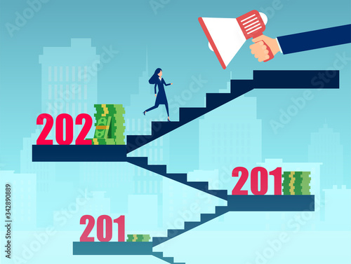 Vector of a successful business woman climbing a career ladder being financially motivated