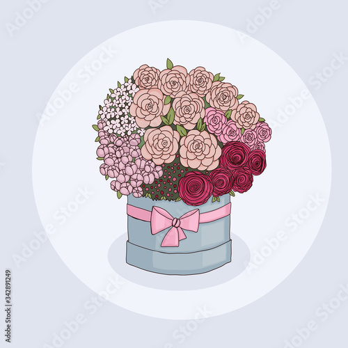 A bouquet of flowers with roses and
buttercup in a hatbox. Vector hand drawn card