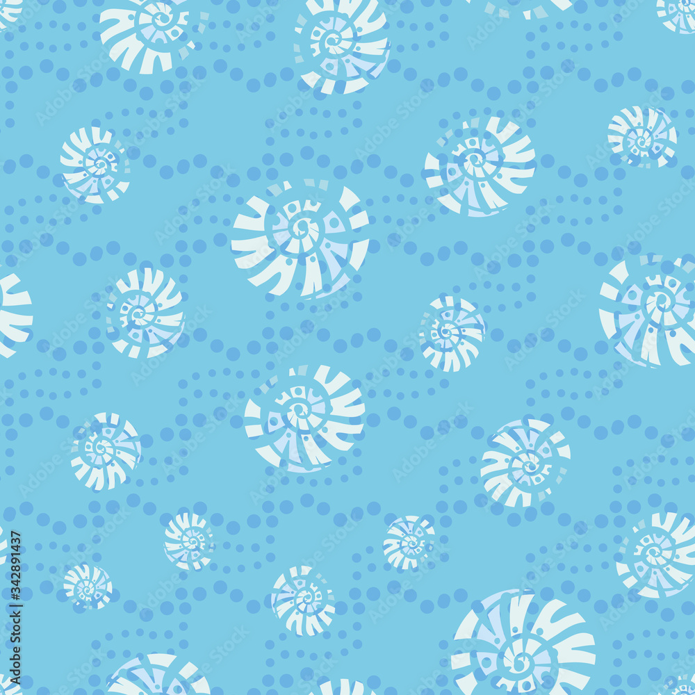 Sea snail shells in blue water seamless vector pattern. Ocean themed surface print design. For backgrounds, fabrics, stationery and packaging. Great for vacation, gifts wrap, wellness, cosmetics.