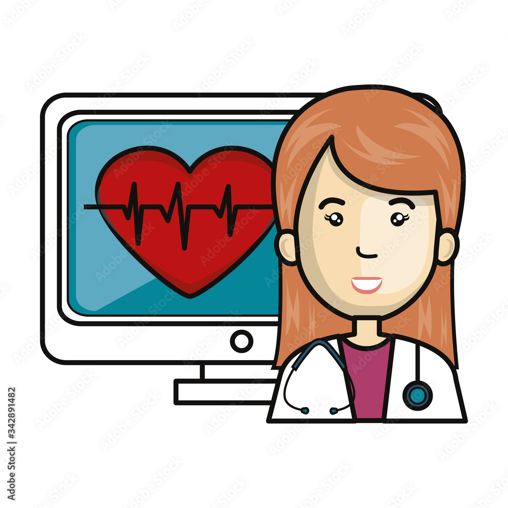 doctor female with computer and heart rate vector illustration design doctor female with computer and heart rate vector illustration design