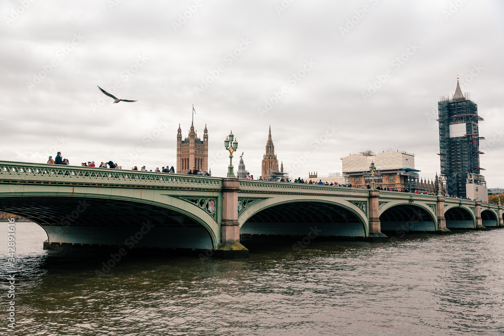 Fototapeta premium London, UK - November 09, 2020: view on The Palace of Westminster exterior at cloudy weather