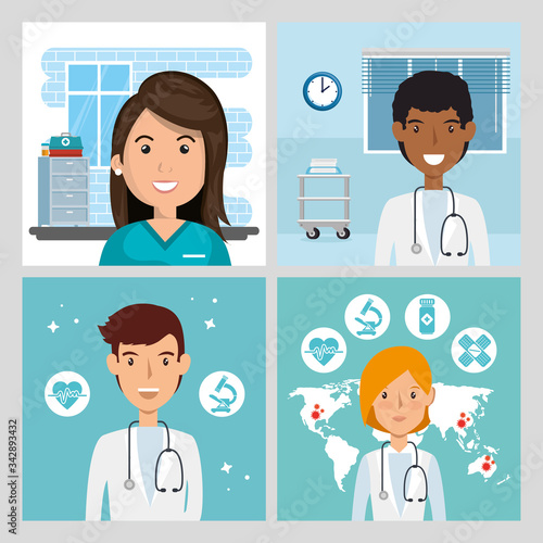 set scenes of doctors and paramedic female vector illustration design