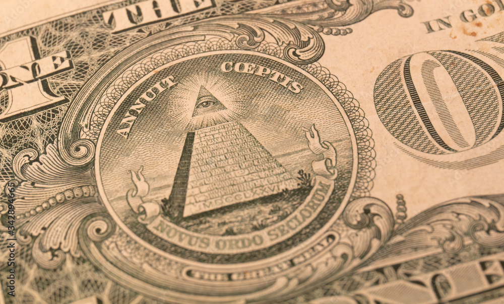one dollar bills from USA closeup showing all seeing eye