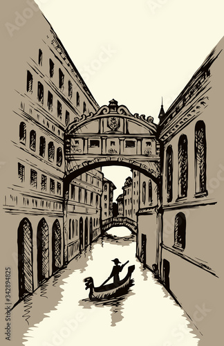 Street canal in Venice. Vector drawing
