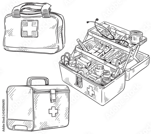 Set of forst aid kits, line art vector sketch