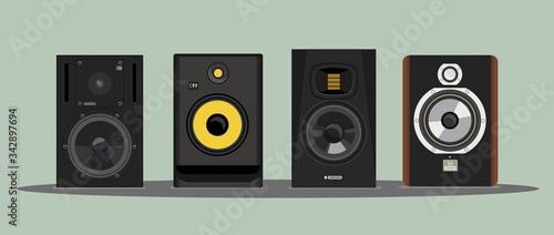 Realistic vector of the legendary studio monitors. Image for t-shirt. Acoustic systems. Detailed study. For a music studio. Sound pressure. Speakers. For professional riders. Musical equipment. photo