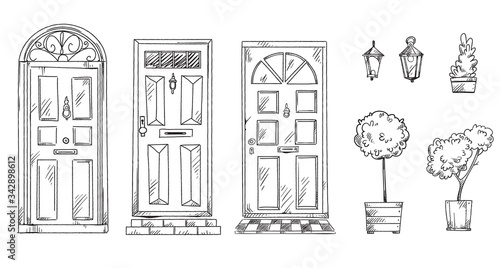 collection of British traditional doors with flower pots and lanterns, vector sketch