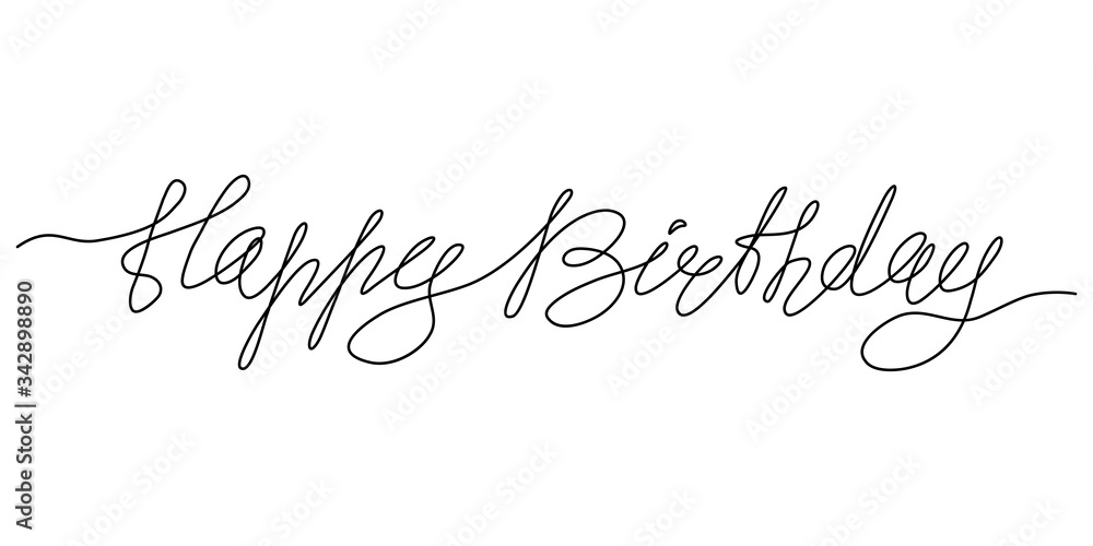 Continuous line drawing. Lettering. Happy Birthday. Black isolated on white background. Hand drawn vector illustration. 