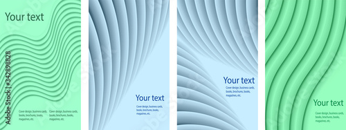 Set of abstract covers of blue and green colors. Backgrounds with abstract volumetric gradient of linear waves to create a fashionable banner, poster.