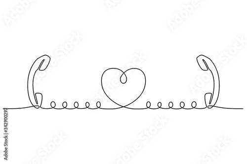 Continuous line drawing. Telephone relationships. Two phone handsets are connected to heart. Black isolated on white background. Hand drawn vector illustration. 