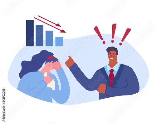 Workplace stress. Angry boss yelling at employee due to poor schedules. Vector illustration.