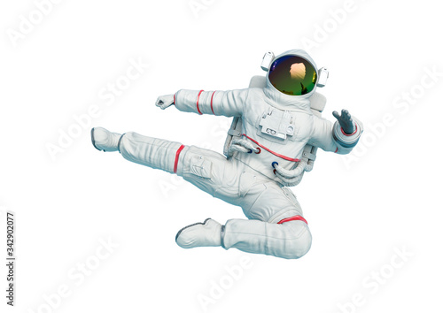 Photo astronaut is doing an action flying side kick