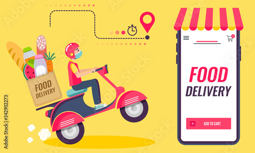 Online delivery service , online order tracking, delivery home and office. Scooter delivery. Shipping. Man on the bike with mask. Vector illustration