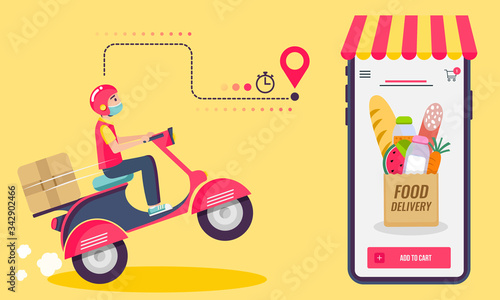 Online delivery service , online order tracking, delivery home and office. Scooter delivery. Shipping. Man on the bike with mask. Vector illustration
