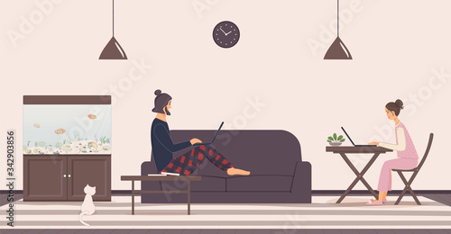 Man and woman stay at home during epidemic.Concept of remote work during quarantine due to a virus. Stylish guy and girl in pajamas work on laptop sitting in living room.Vector colourful illustration