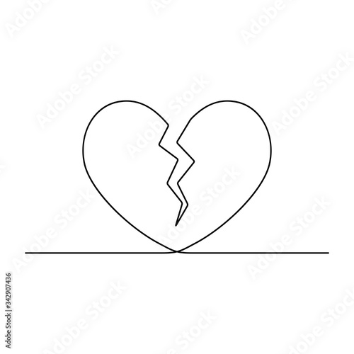 Continuous line drawing. Broken heart. Black isolated on white background. Hand drawn vector illustration. 