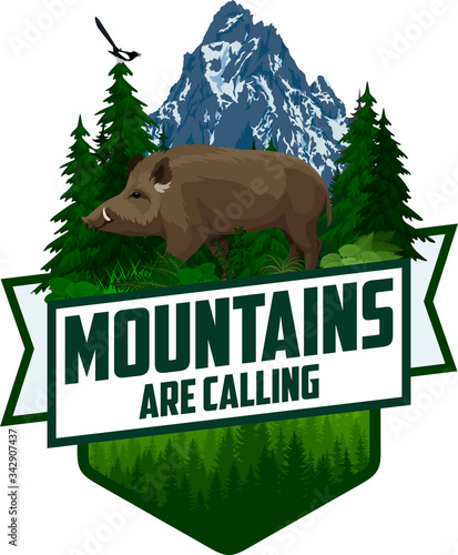The Mountains Are Calling. vector Outdoor Adventure Inspiring Motivation Emblem logo illustration with wild hog boar and magpie