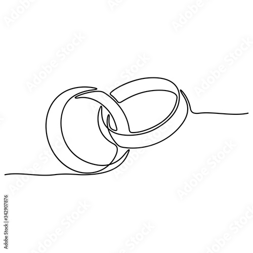 Continuous line drawing. Wedding rings. Template for love cards and invitations. Black isolated on white background. Hand drawn vector illustration. 